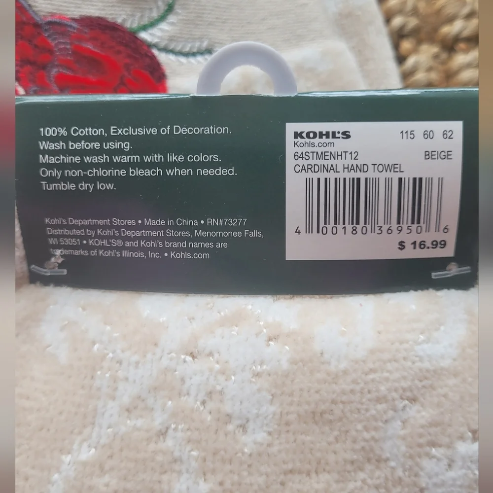 St. Nicholas Square Cardinal Hand Towel and Snowman Tip Towel Cream, Red, Green.